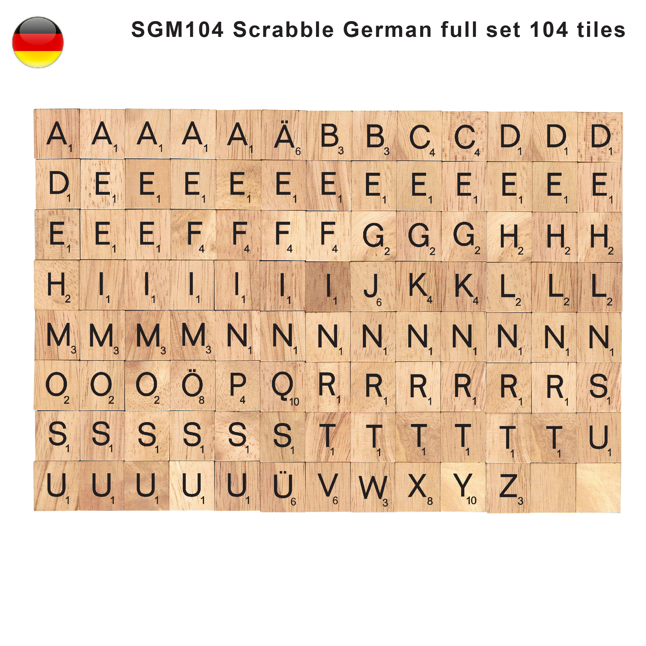 German Language Wooden Letters Tiles Complete Set of 104 Pcs